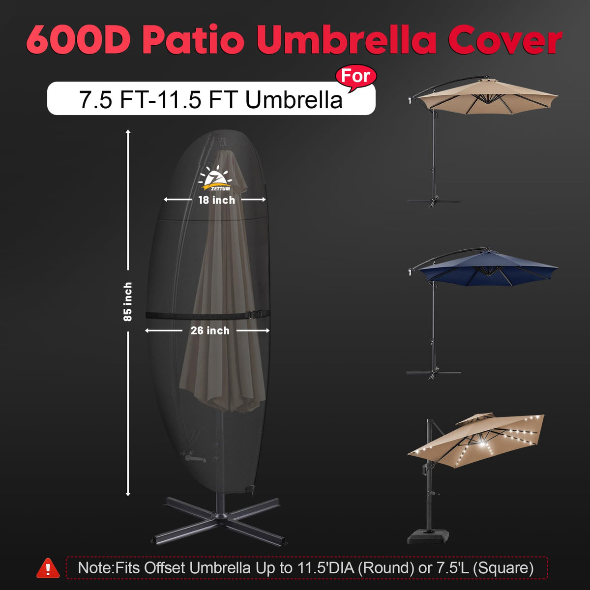 Zettum offset umbrella cover fits 7.5 to 11.5 ft models for secure protection.