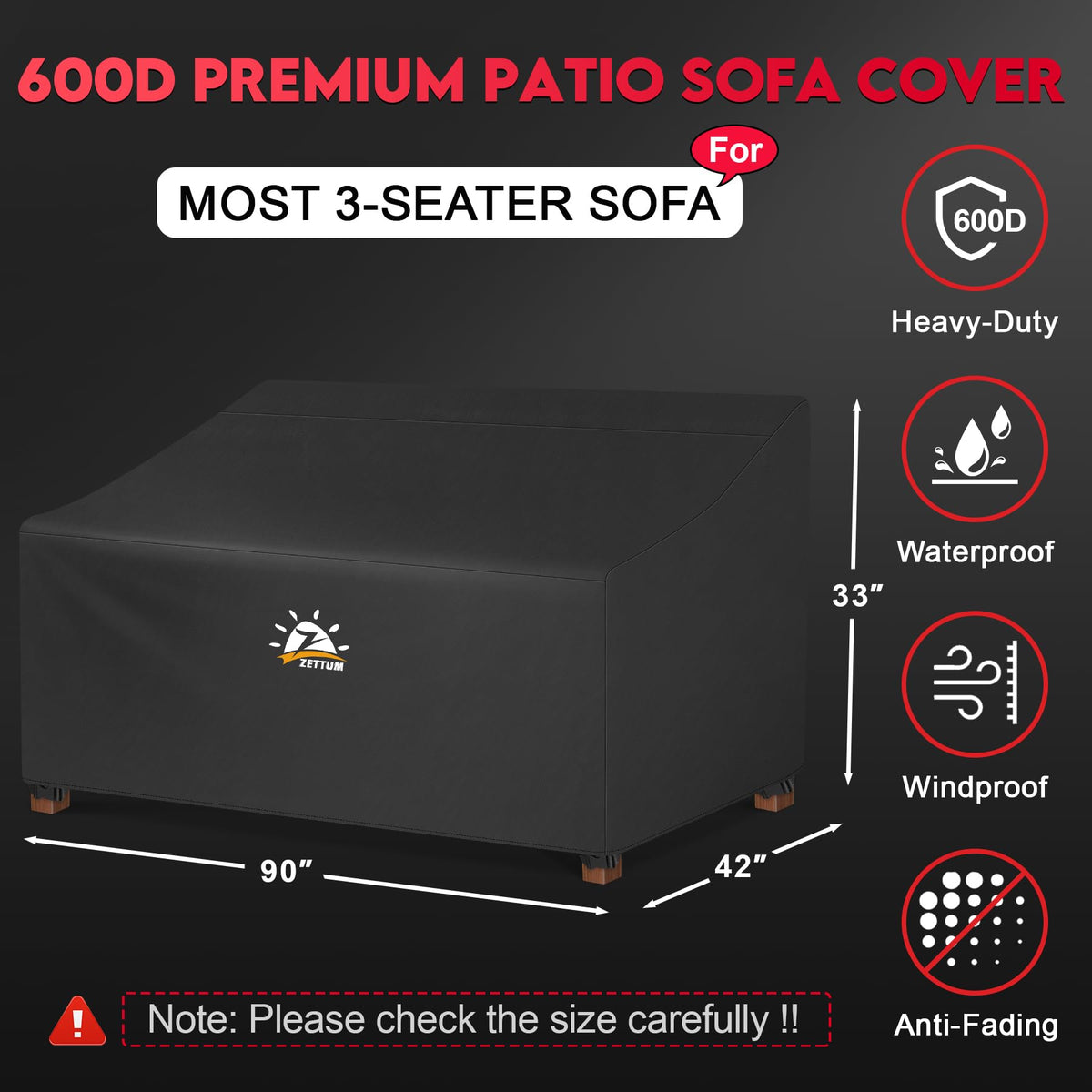 Zettum patio sofa cover 90in side view showing snug fit