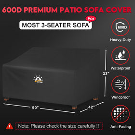 Zettum patio sofa cover 90in side view showing snug fit