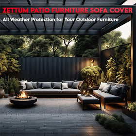 Outdoor patio with Zettum cover protecting a sofa in use