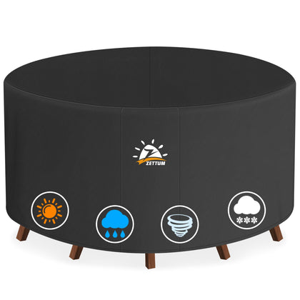 Zettum round table cover 72 inch secured for outdoor protection against sun and rain.