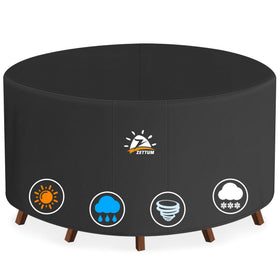 Zettum round table cover 84 inch protecting against rain and sun.