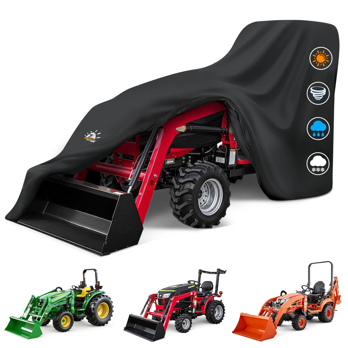 Zettum tractor cover showing waterproof protection against rain and dew