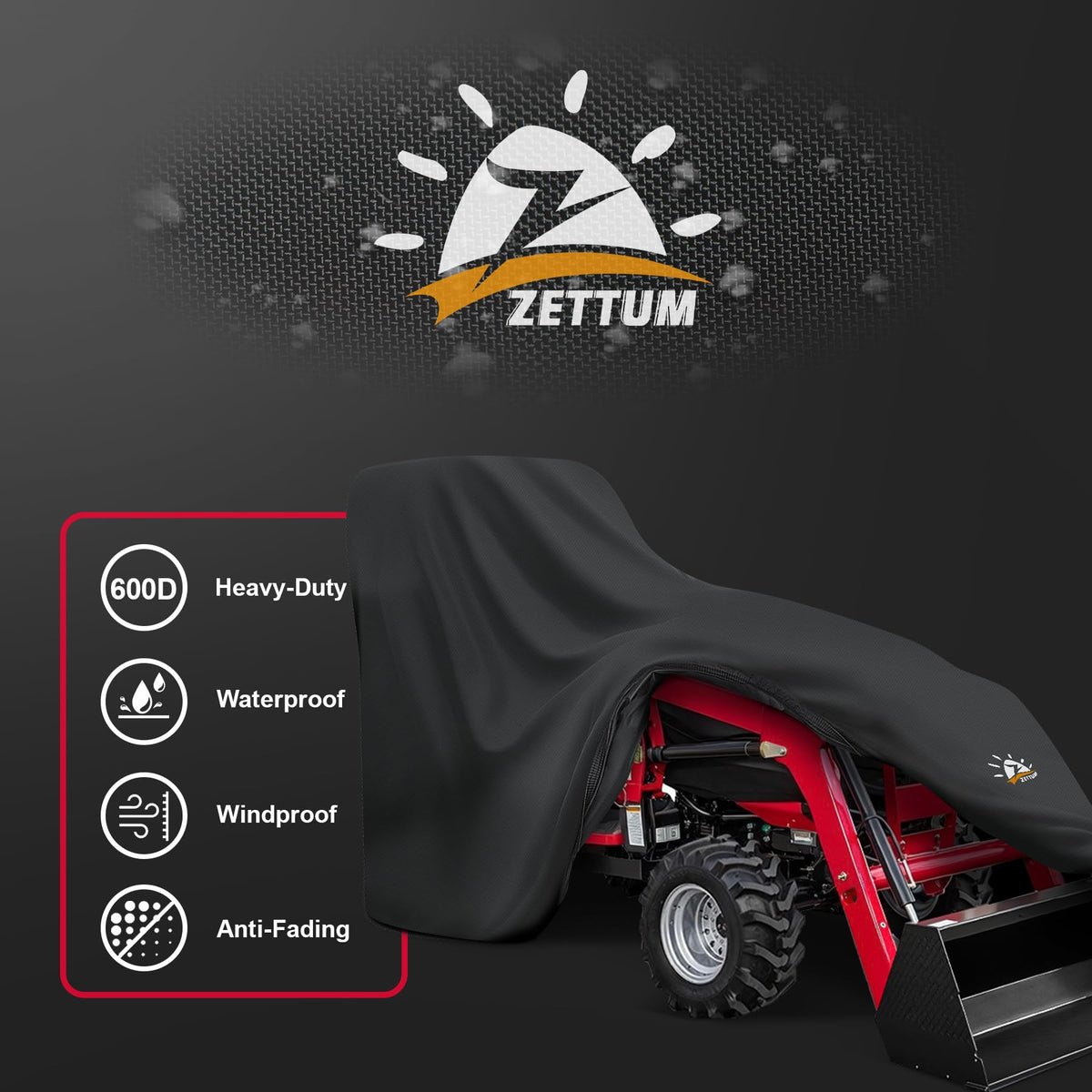Zettum tractor cover featuring breathable fabric and cooler interior