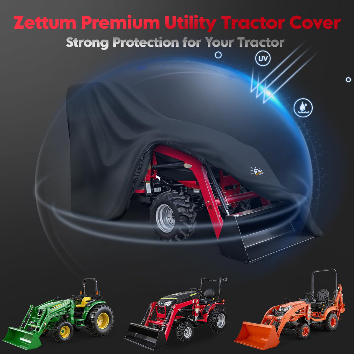 Zettum tractor cover demonstrating large coverage up to 189 inches
