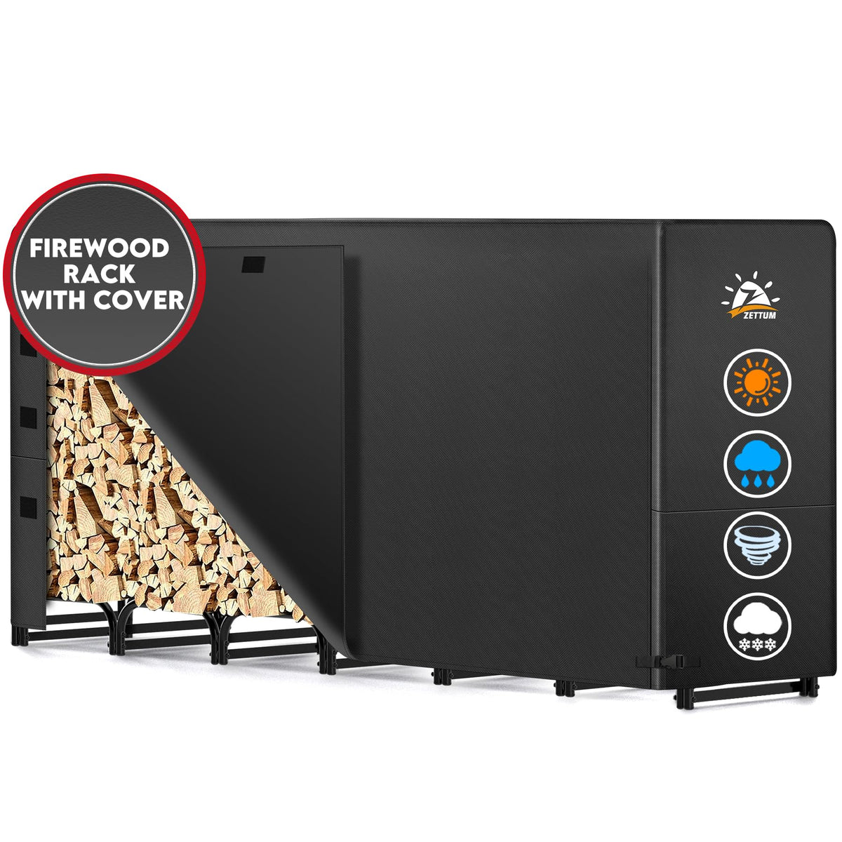 Zettum UV-resistant cover helps keep firewood dry through seasons.