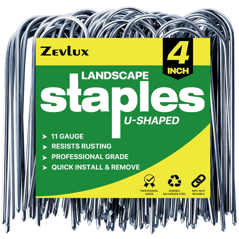 Zevlux 4-inch U-shape stakes ready for weed barrier and irrigation tubing.