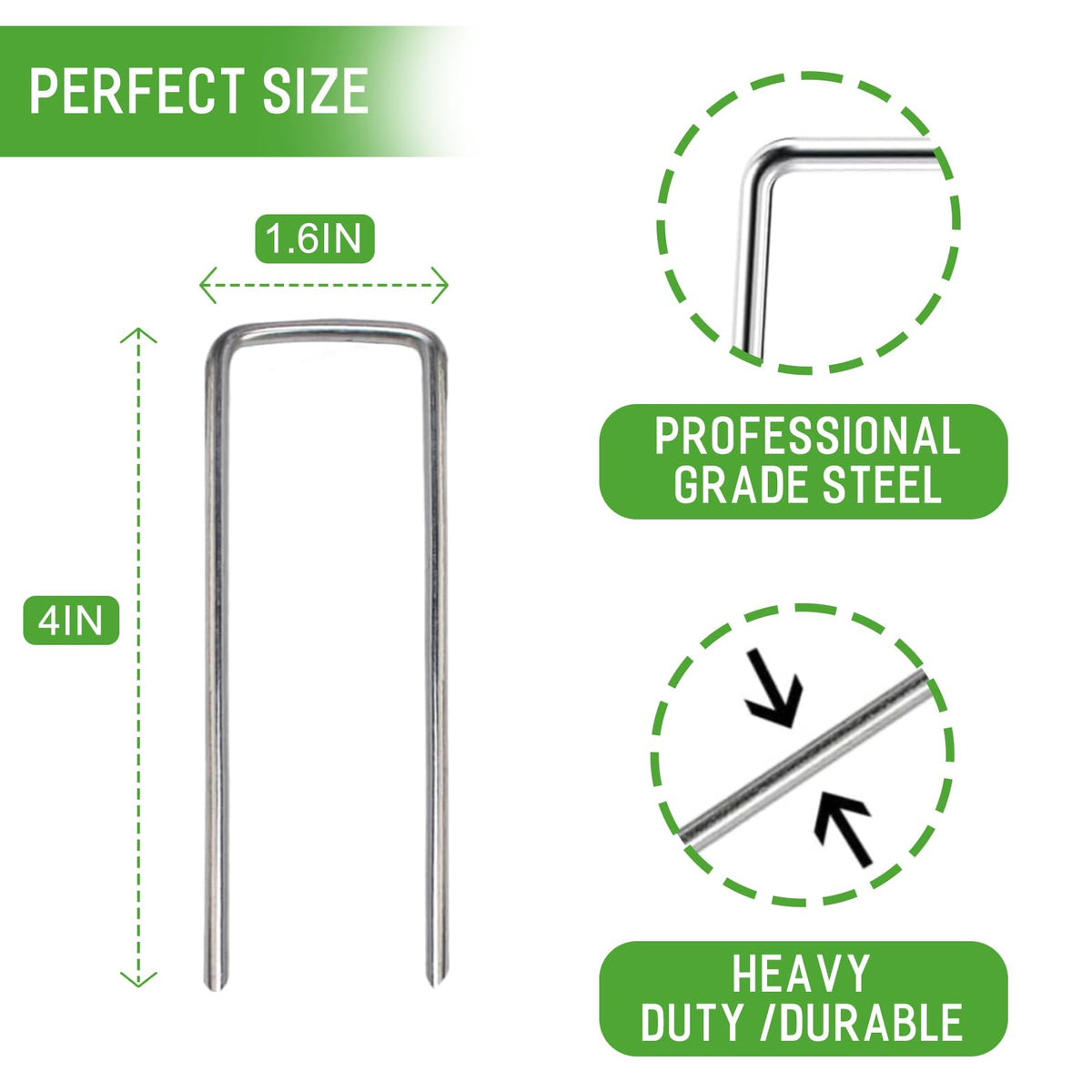 Zevlux galvanized stakes 4in with a sharp tip for easy ground insertion.
