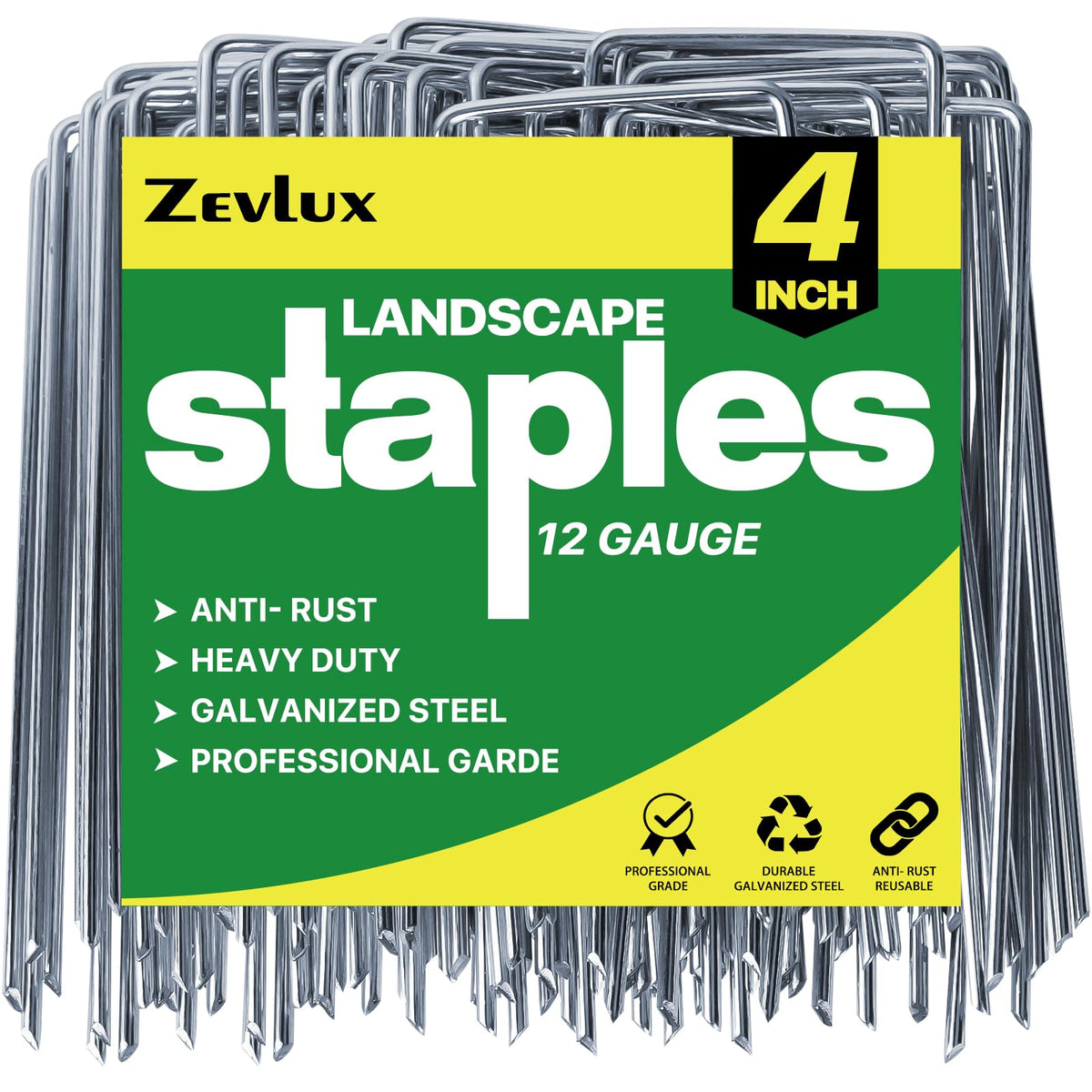 Zevlux landscape staples 4in box securing landscape fabric reliably.