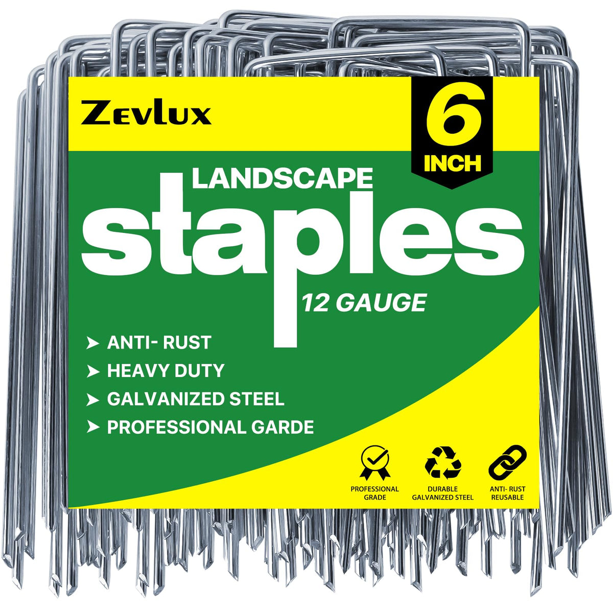 Zevlux landscape staples 6-inch 100-pack securing landscape fabric for weed barriers.