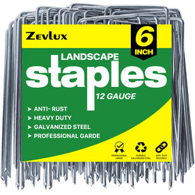 Zevlux landscape staples 6-inch 100-pack securing landscape fabric for weed barriers.