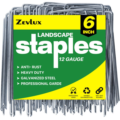 Zevlux landscape staples 6-inch 100-pack securing landscape fabric for weed barriers.
