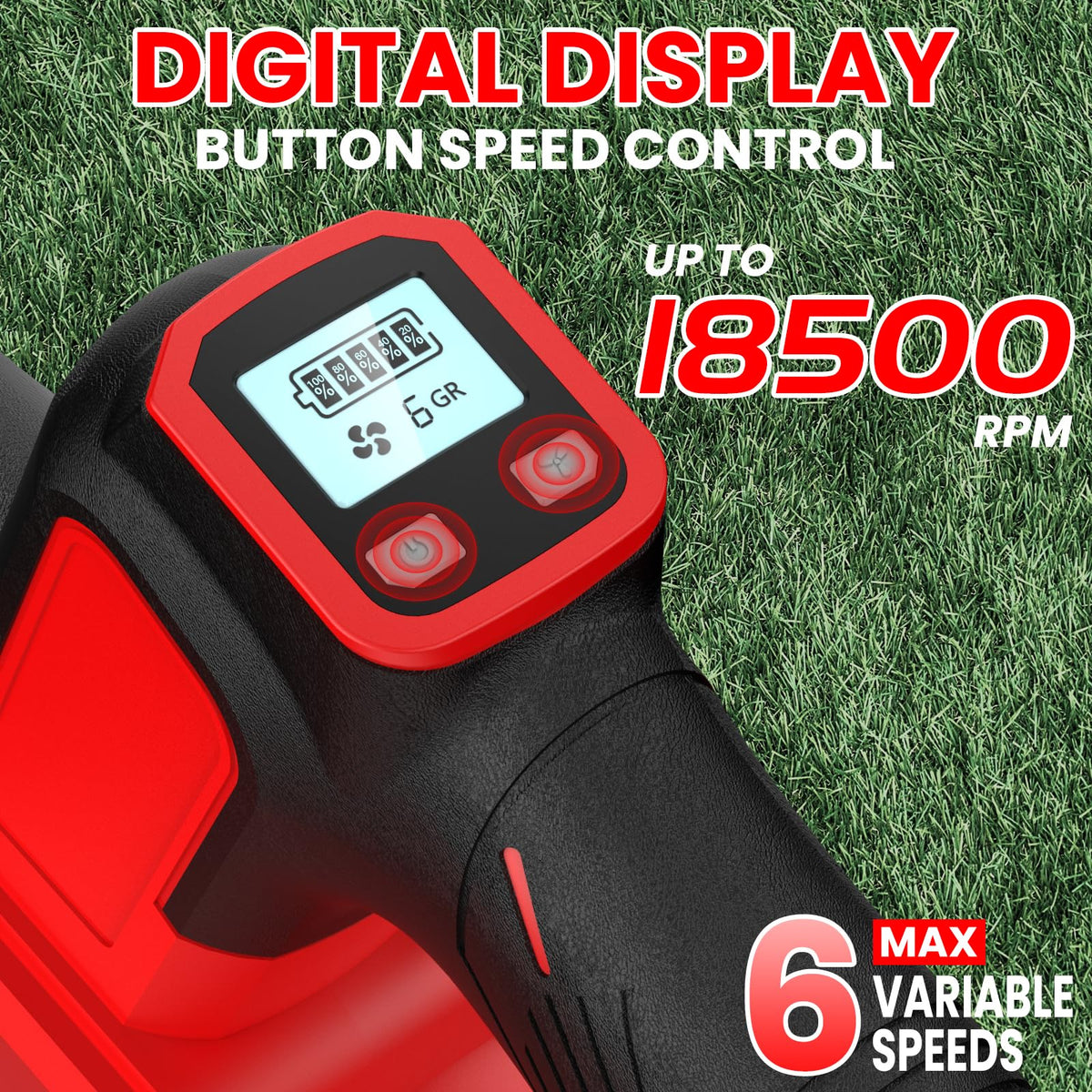 ZEXAPE cordless blower digital display showing wind speed and battery status for precise control