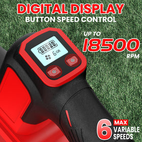 ZEXAPE cordless blower digital display showing wind speed and battery status for precise control