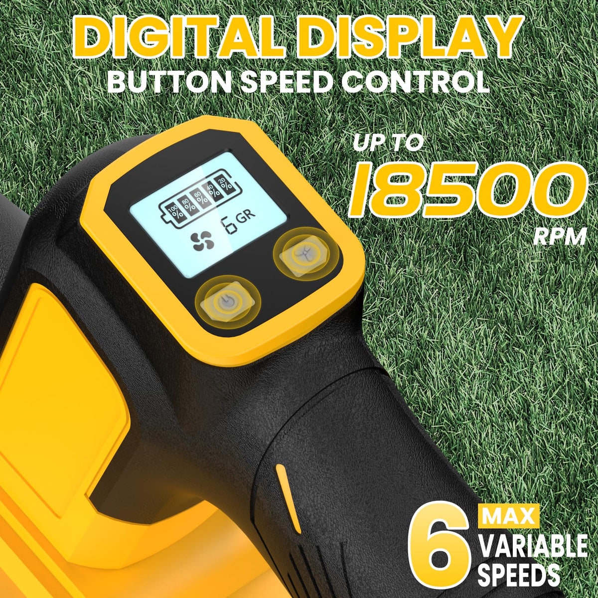 ZEXAPE leaf blower digital display panel shows wind speed and battery status