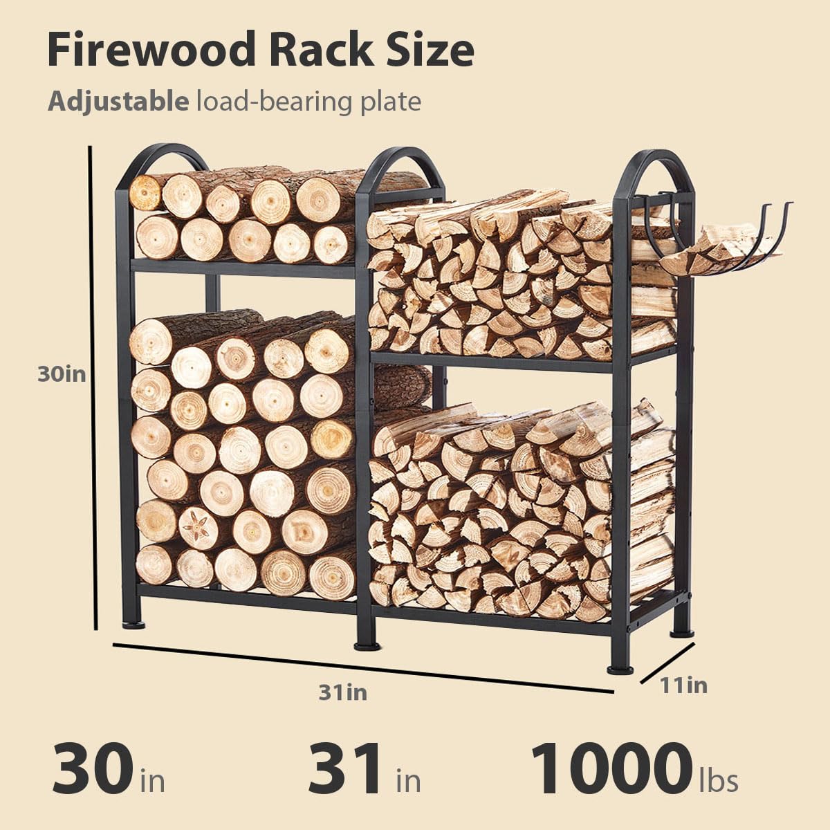 ZEXVIDA indoor firewood rack with hooks offers heavy-duty durability for long-lasting use.