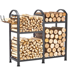 ZEXVIDA firewood rack indoors with hooks shows sturdy steel construction for secure log storage.