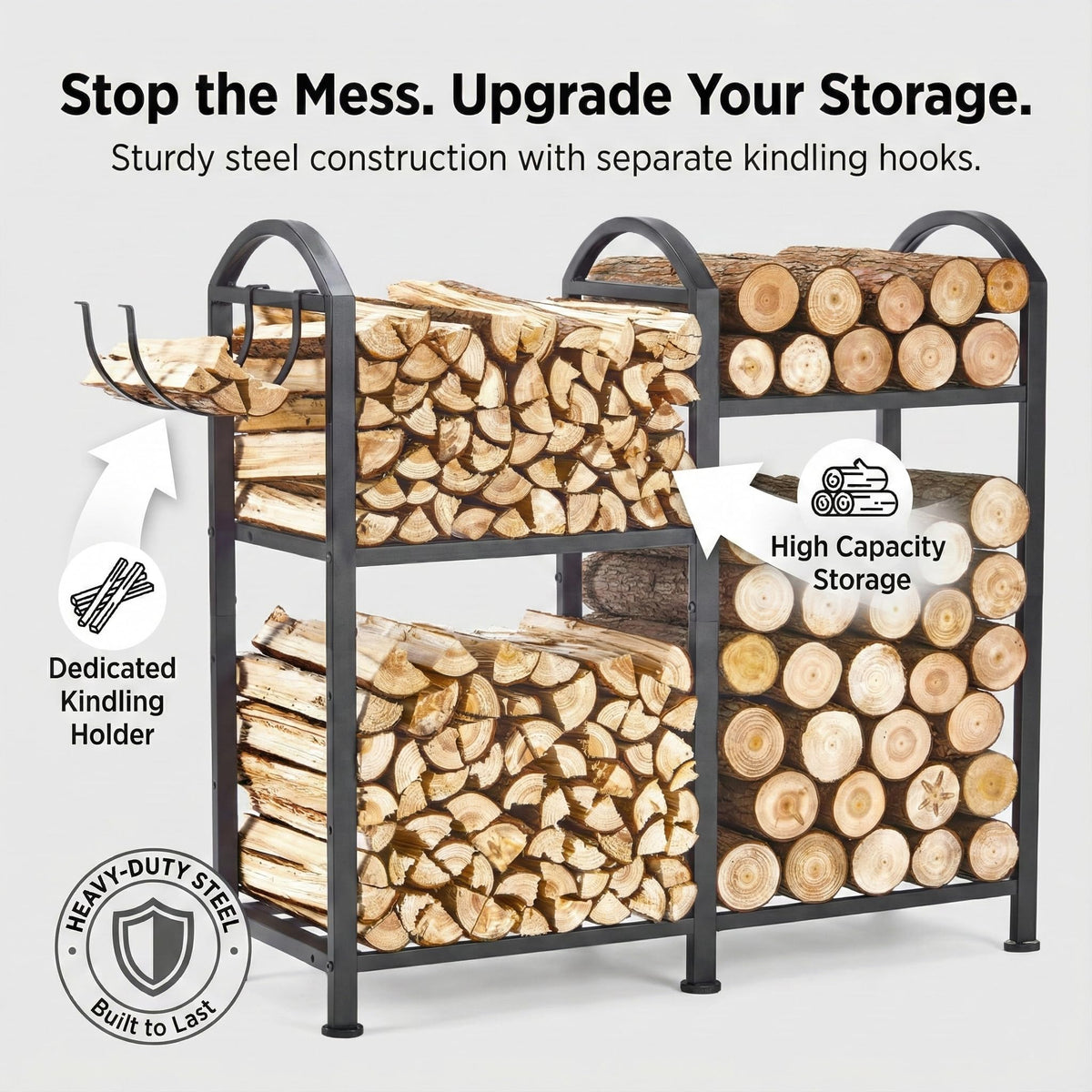 ZEXVIDA large-capacity rack accommodates varied log sizes with an elegant look.