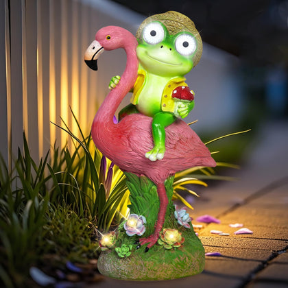 ZFNN solar garden statue: frog-on-flamingo glows at night for garden charm.