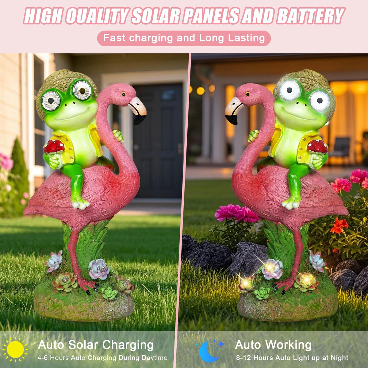 ZFNN solar garden statue close-up shows glowing LED eyes for ambiance.