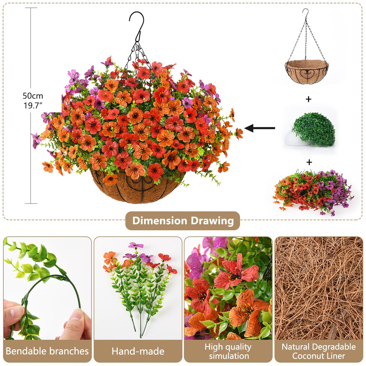 ZFProcess artificial daisies in orange hanging basket, maintenance-free outdoor décor.