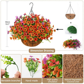 ZFProcess artificial daisies in orange hanging basket, maintenance-free outdoor décor.
