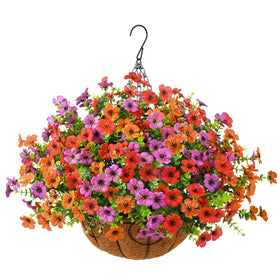 ZFProcess artificial daisies in purple hanging basket, UV-resistant outdoor decor.