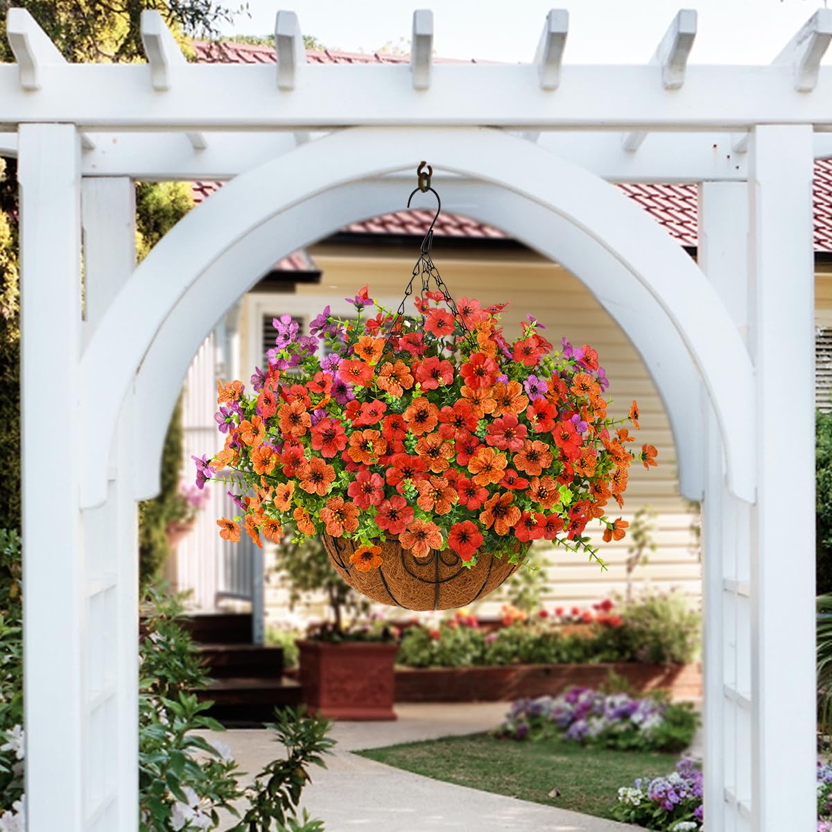 ZFProcess closeup of faux daisies in hanging basket showing lifelike detail.