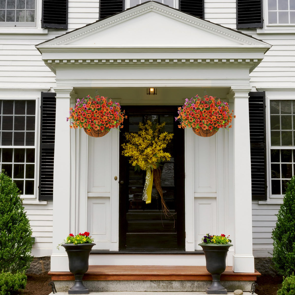 ZFProcess UV-resistant hanging basket with silk flowers for porches and patios.