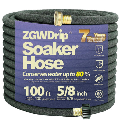 ZGWDrip 100ft soaker hose with brass connectors laid on lawn for efficient irrigation