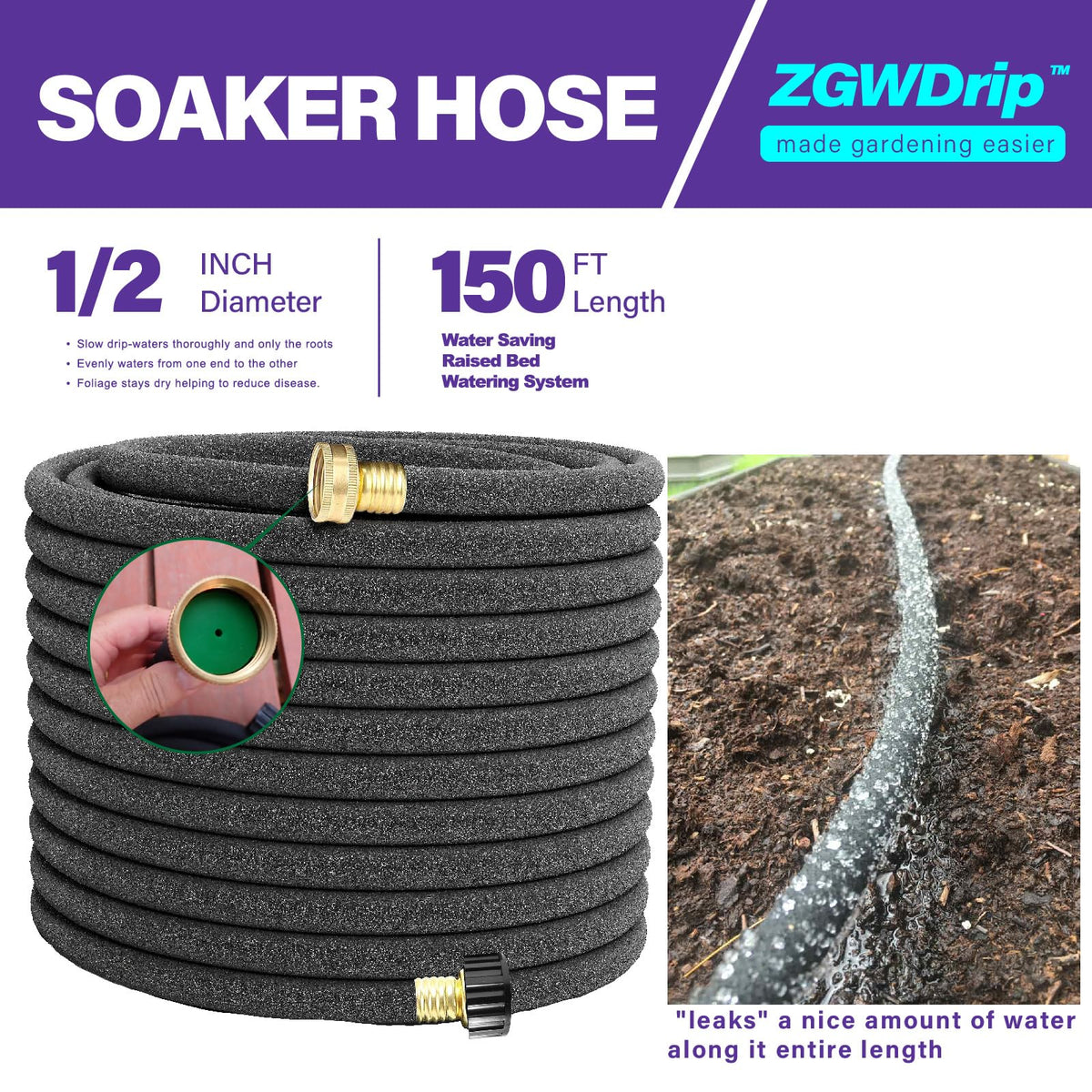 ZGWDrip half-inch soaker hose with efficient water distribution for plant beds.
