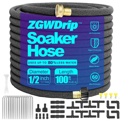 ZGWDrip soaker hose 100 ft waters garden beds evenly.