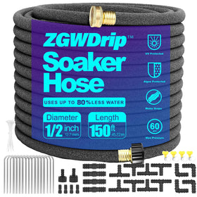 ZGWDrip 150ft soaker hose delivering even irrigation across lawn and beds.