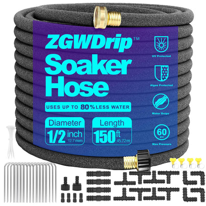 ZGWDrip 150ft soaker hose delivering even irrigation across lawn and beds.