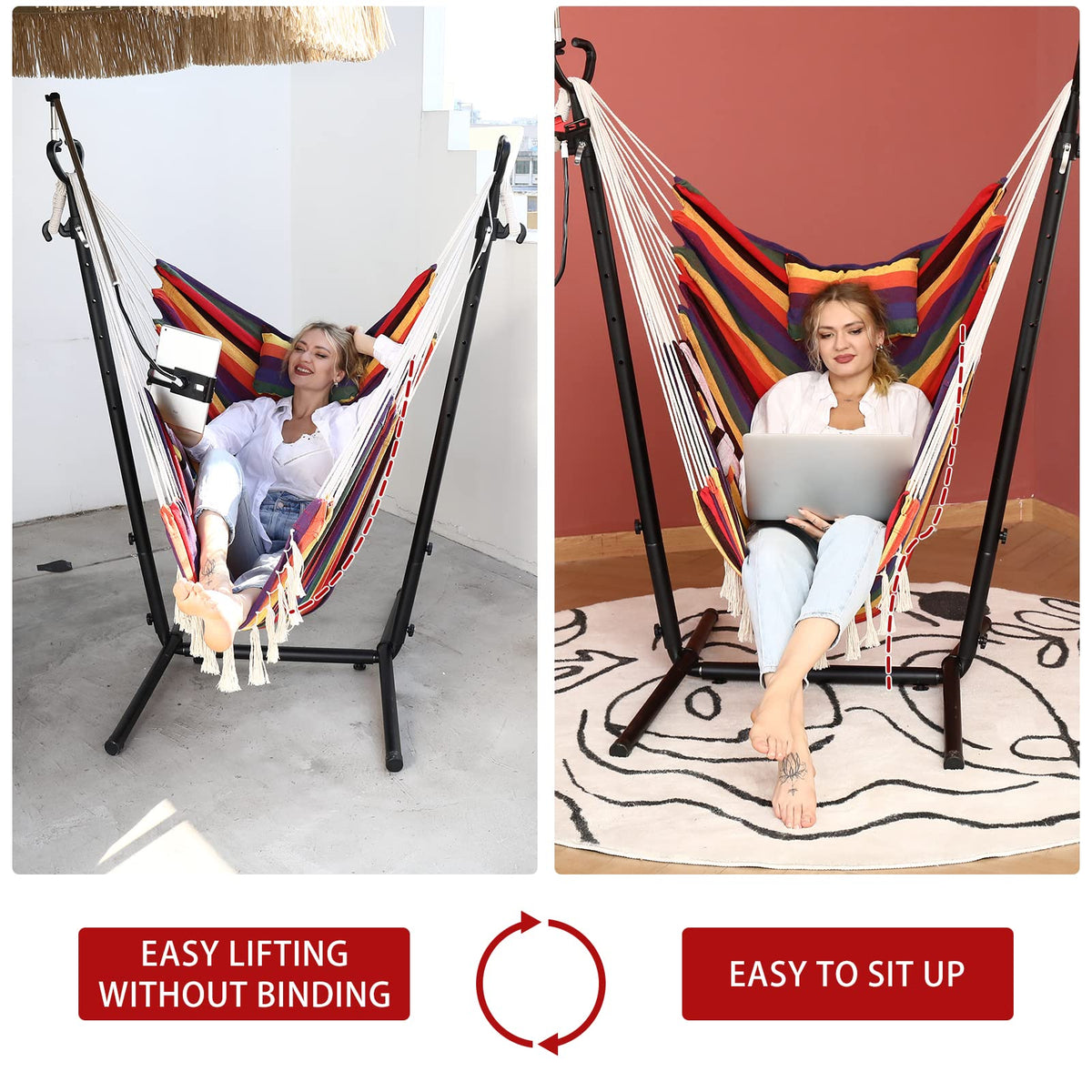 ZGZEYU hammock chair with stand side view showing adjustable height