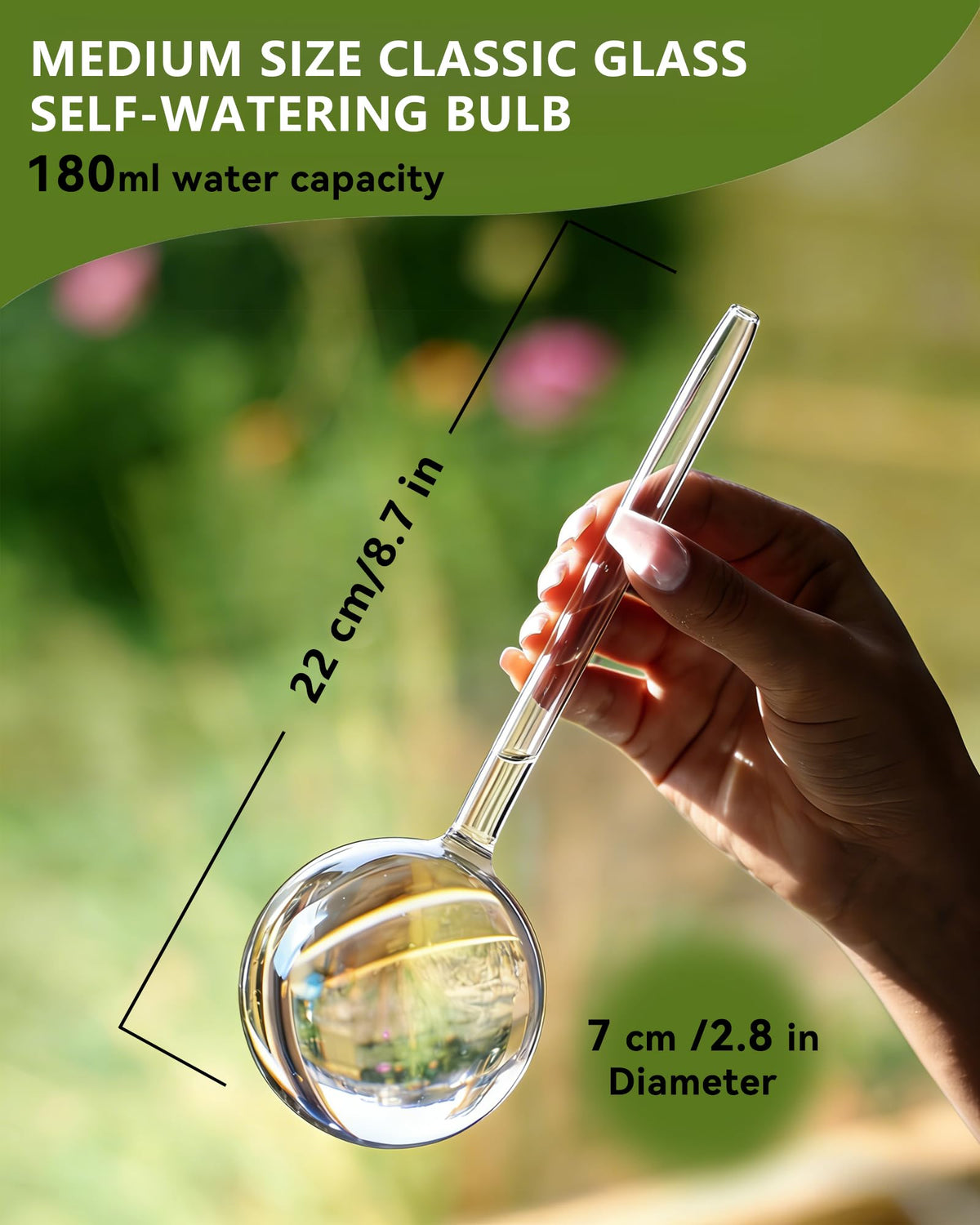 Zhend iridescent self-watering globe drops delivering steady moisture for plants on vacation.