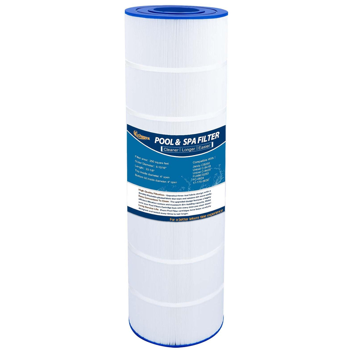 Zhenx upgraded pool filter cartridge in box for easy storage and identification.
