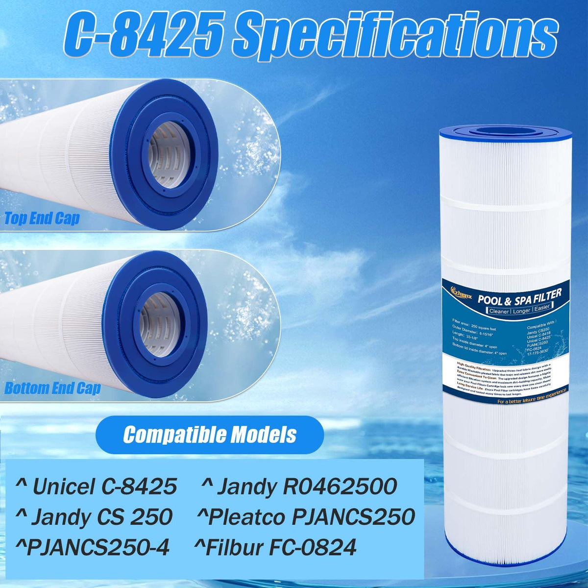 Zhenx cartridge label highlights compatibility with common pool filters.