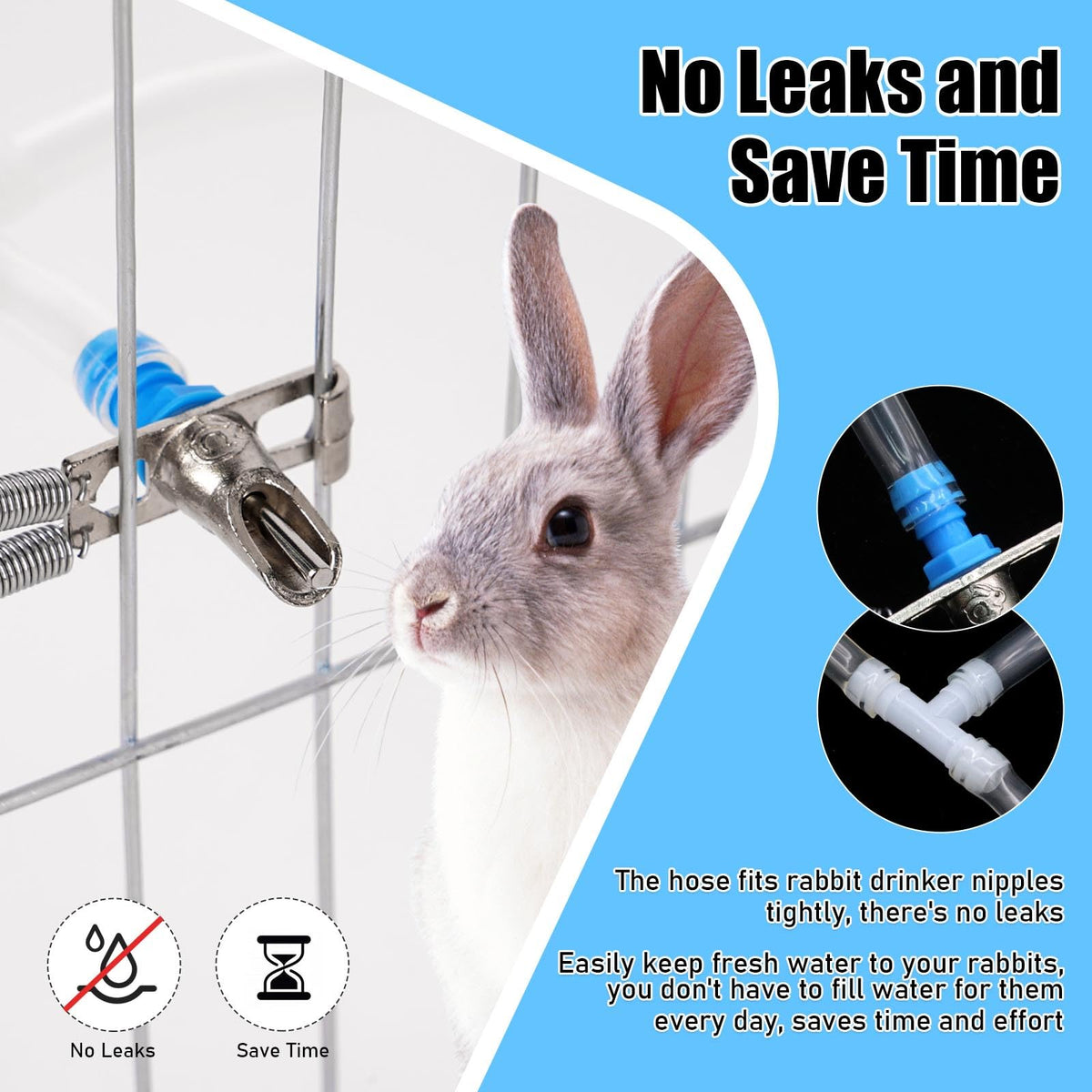 ZHEQOGZH 16 ft hose provides reliable gravity-fed water to rabbits.