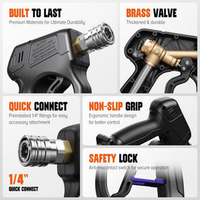 Zhevebaga 1/4-inch quick connector enables foam cannon compatibility.
