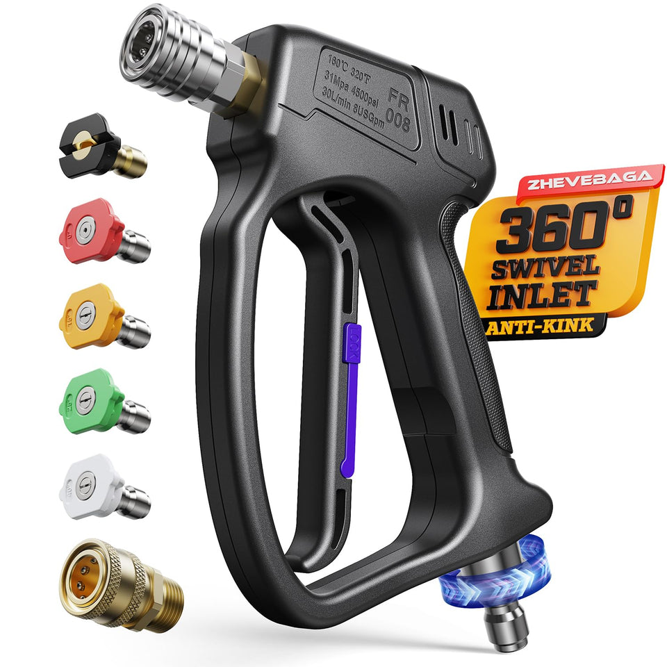 Zhevebaga short gun with swivel inlet for tangle-free cleaning.