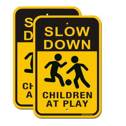 ZHGSERVU slow-down sign 2-pack mounted on a fence for play area safety.