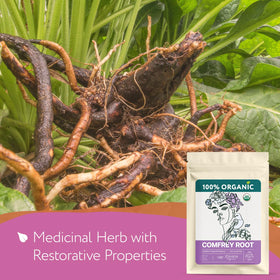 Zhivana Organics comfrey root cut and sifted pieces with rich herbal aroma for topical blends.