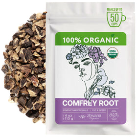 Zhivana Organics comfrey root dried 4oz pack, ideal for salve making.