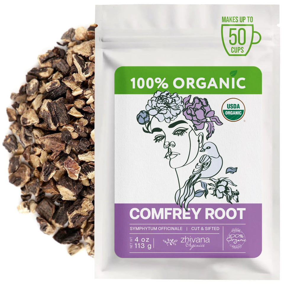 Zhivana Organics comfrey root dried 4oz pack, ideal for salve making.