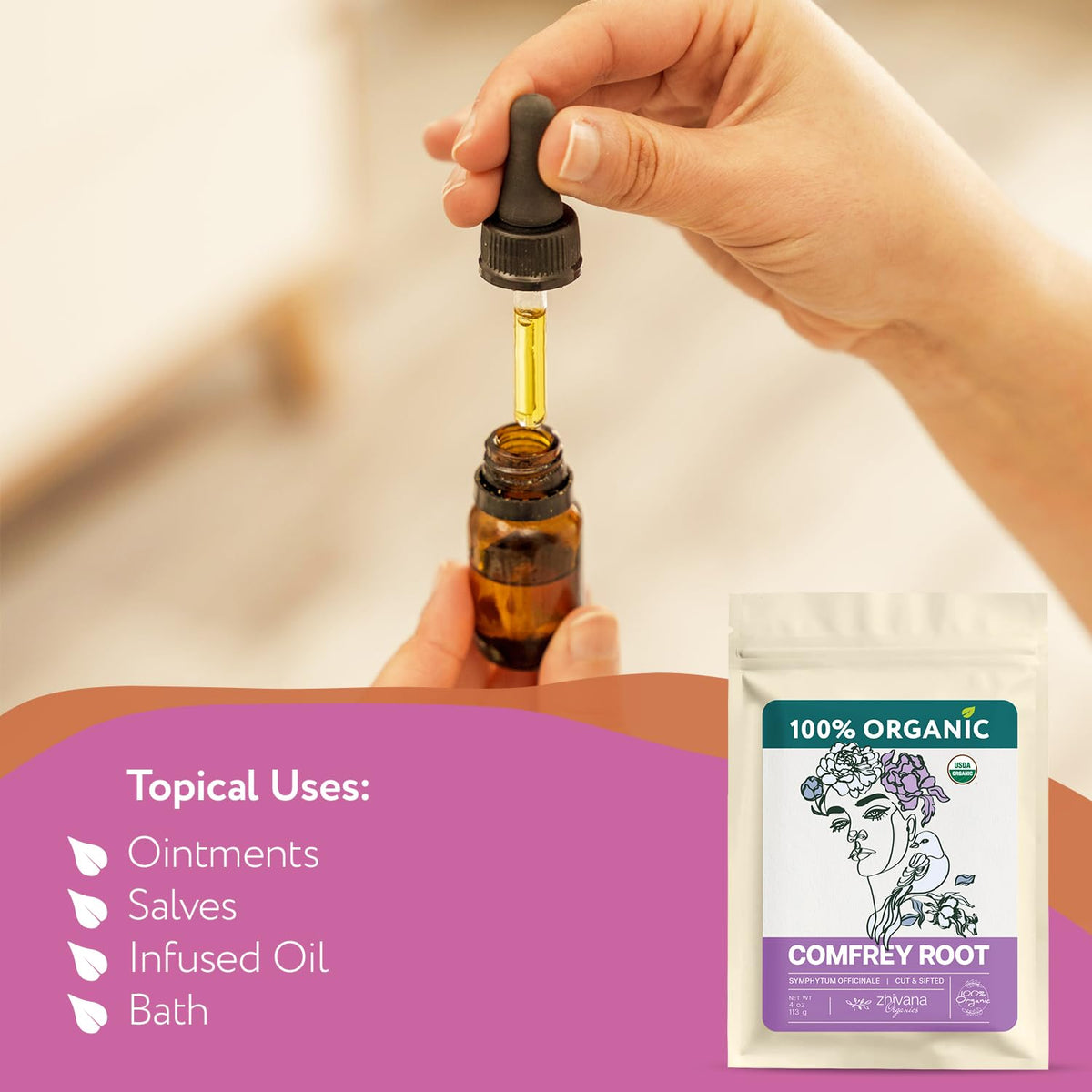Zhivana Organics comfrey root packaging with eco-friendly labeling.
