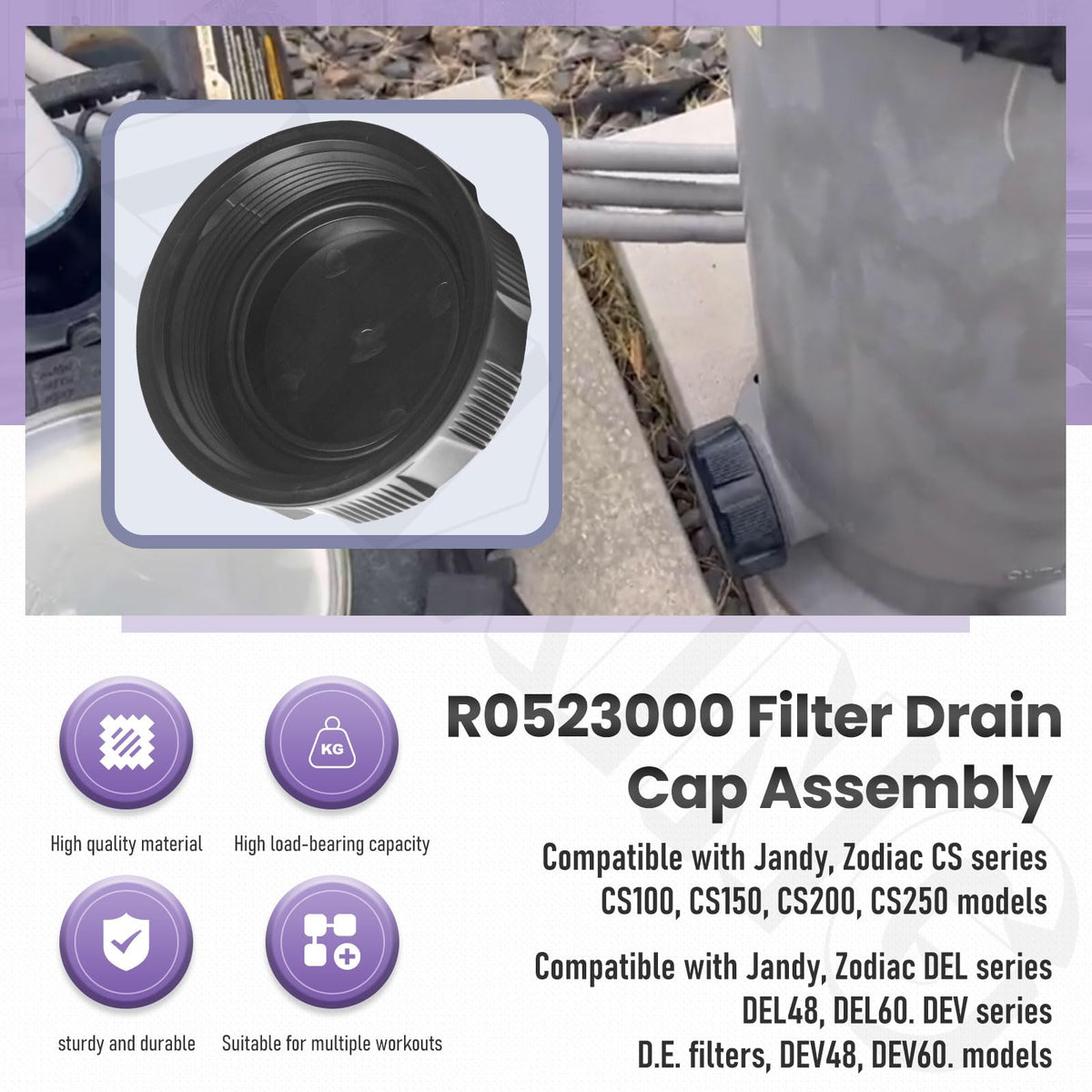 Durable materials for saltwater pools and routine filter servicing.