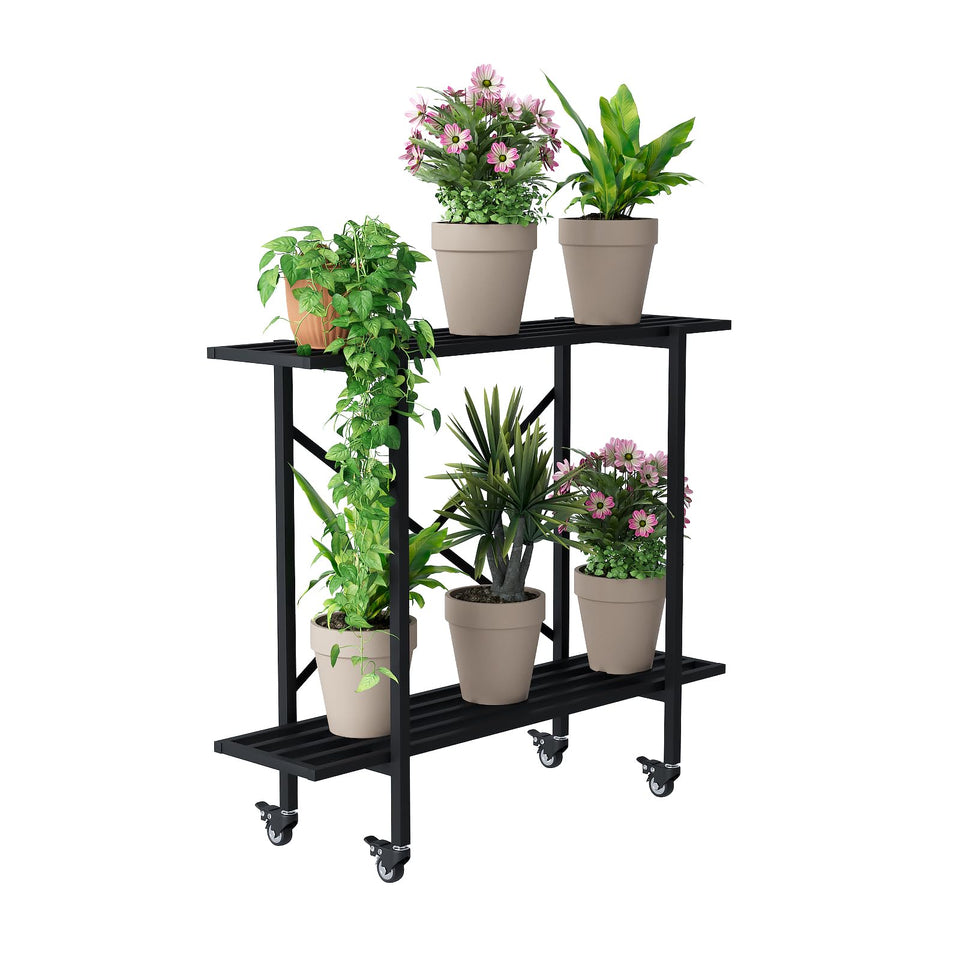 Zhongma 2-Tier Plant Stand with wheels for easy indoor and outdoor repositioning.