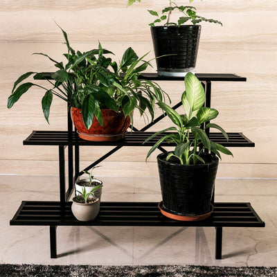 Zhongma 3-tier plant stand, front view, showcasing sturdy carbon steel build.
