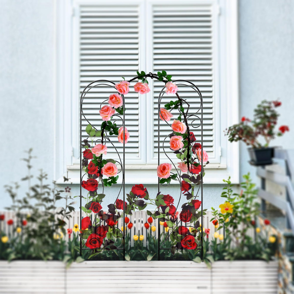 Zhongma trellis mounted along fence supporting flowering plants in outdoor garden